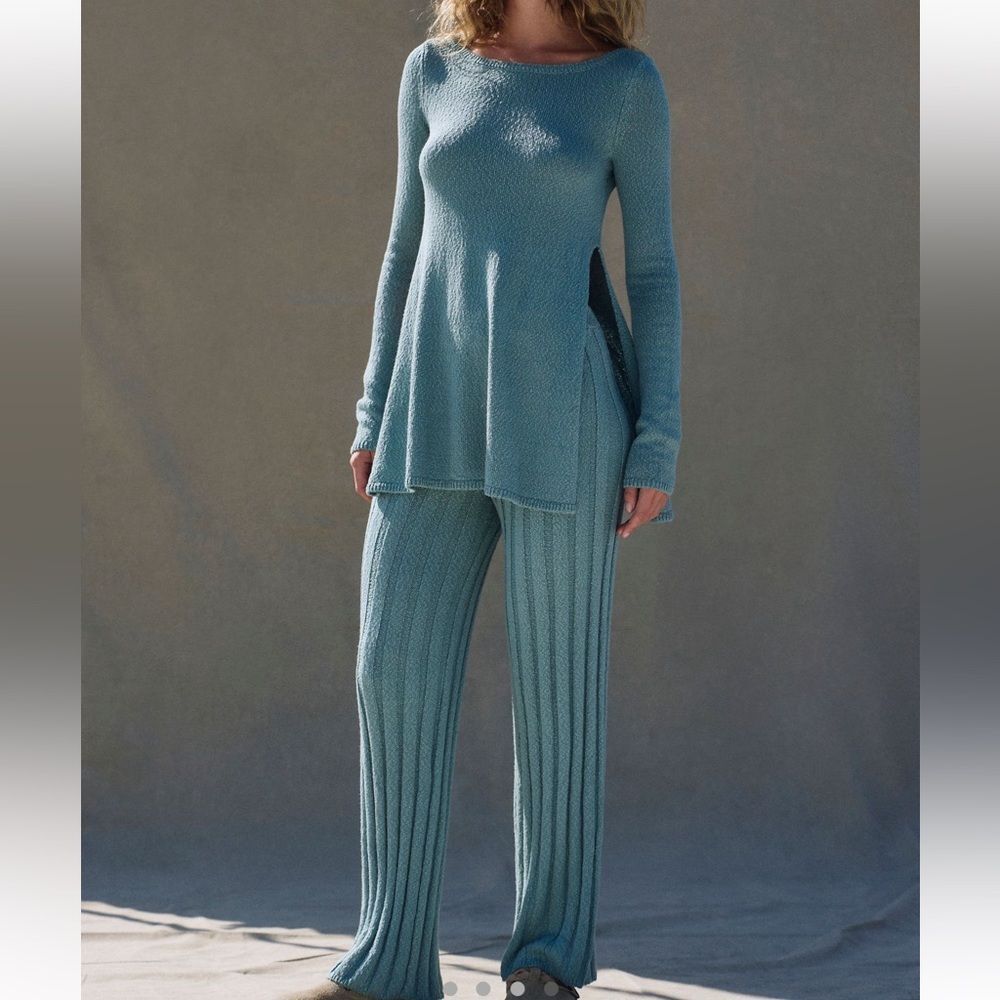 NWOT Free People Free-EST Miranda Sweater Pants Set in Mineral Blue